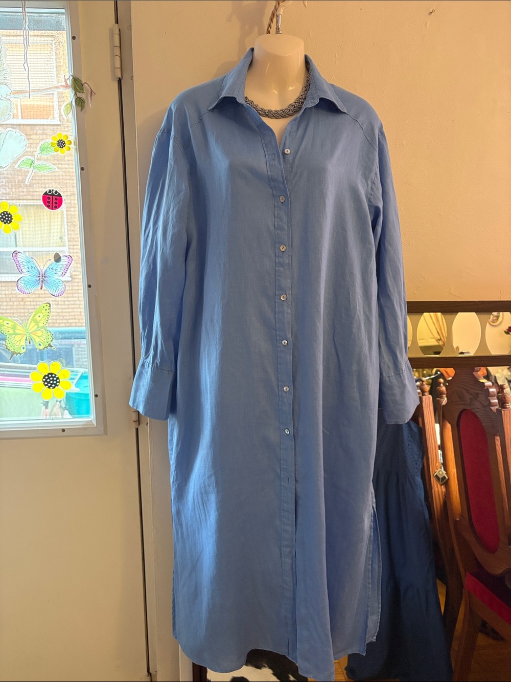 H&M Sky Blue Button-Down Maxi Shirt Dress. Linen
